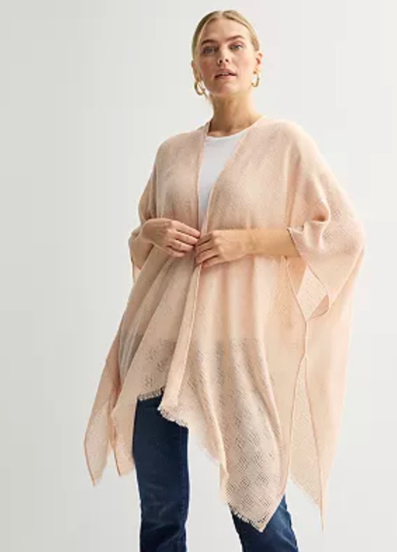 Free Size Nine West Poncho Open Front Shawl Weave Knit Pink Woven Long Cardigan